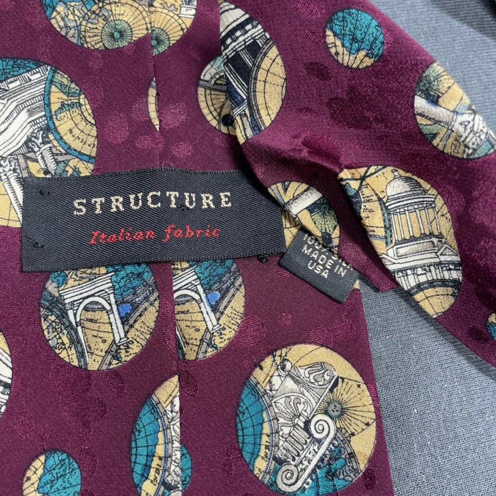 Structure Men Tie Silk Burgundy Architecture Greek Roman Column Vintage 90s Wide